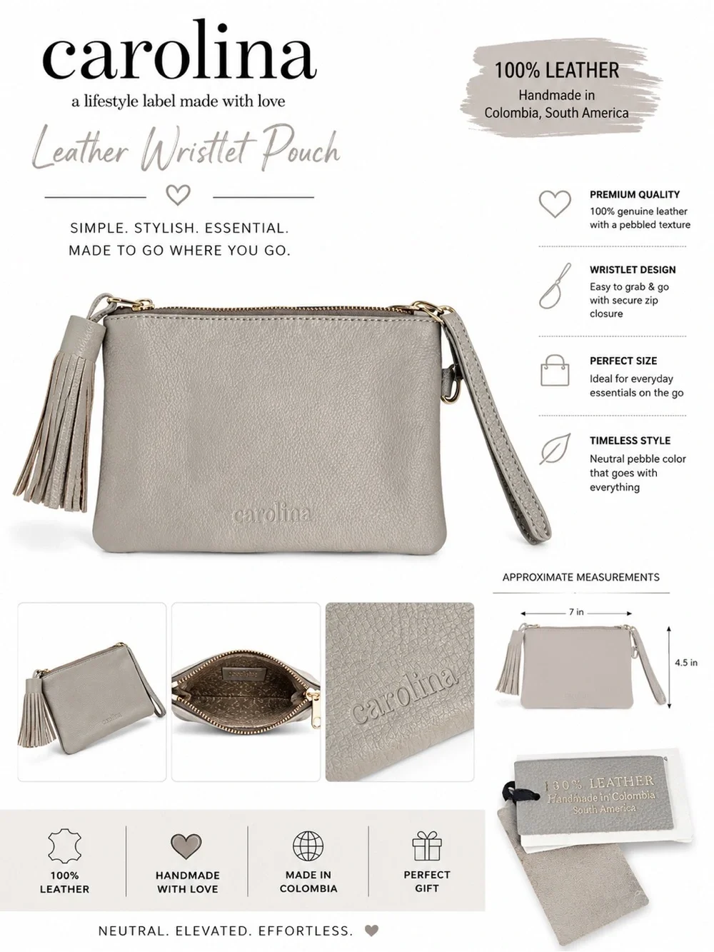 Carolina leather wristlet zip-top closure, removable tassel light grey color